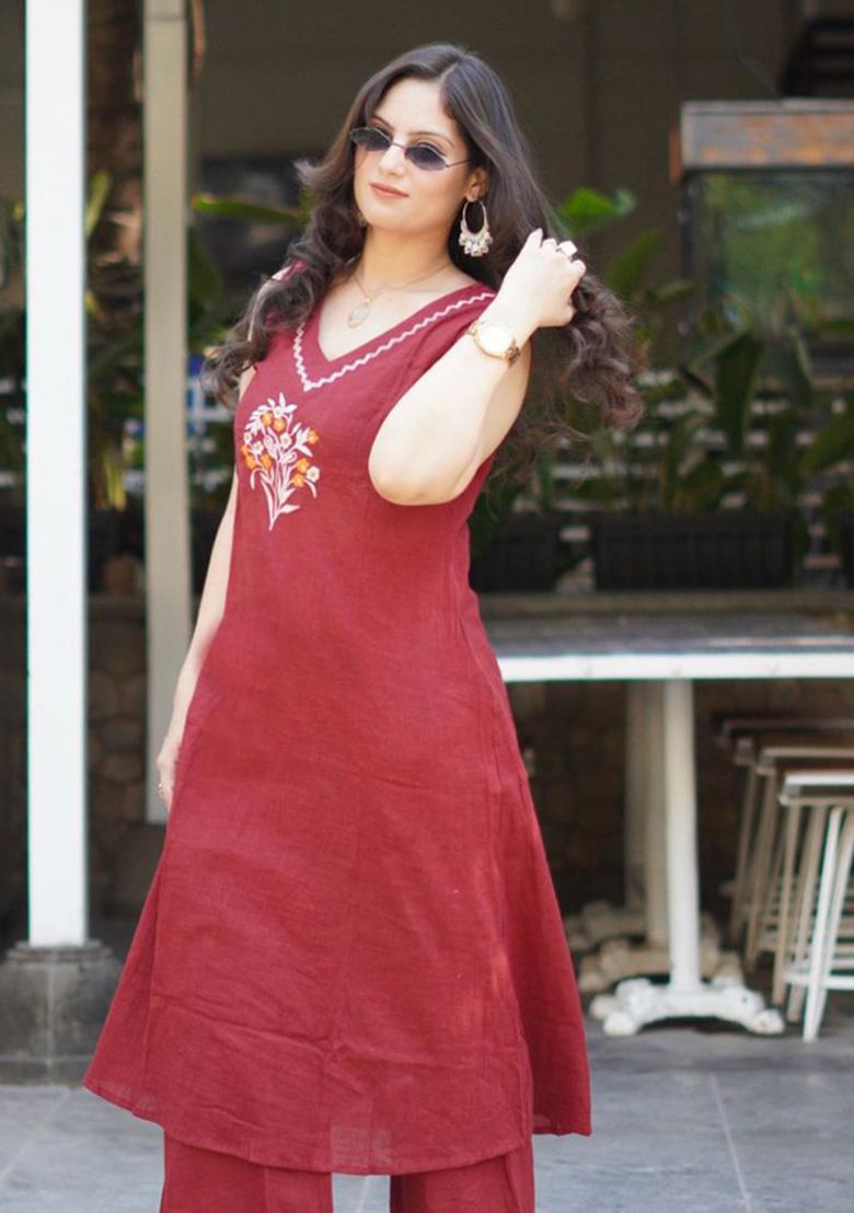 Maroon Printed Cotton Kurta Set - Indya