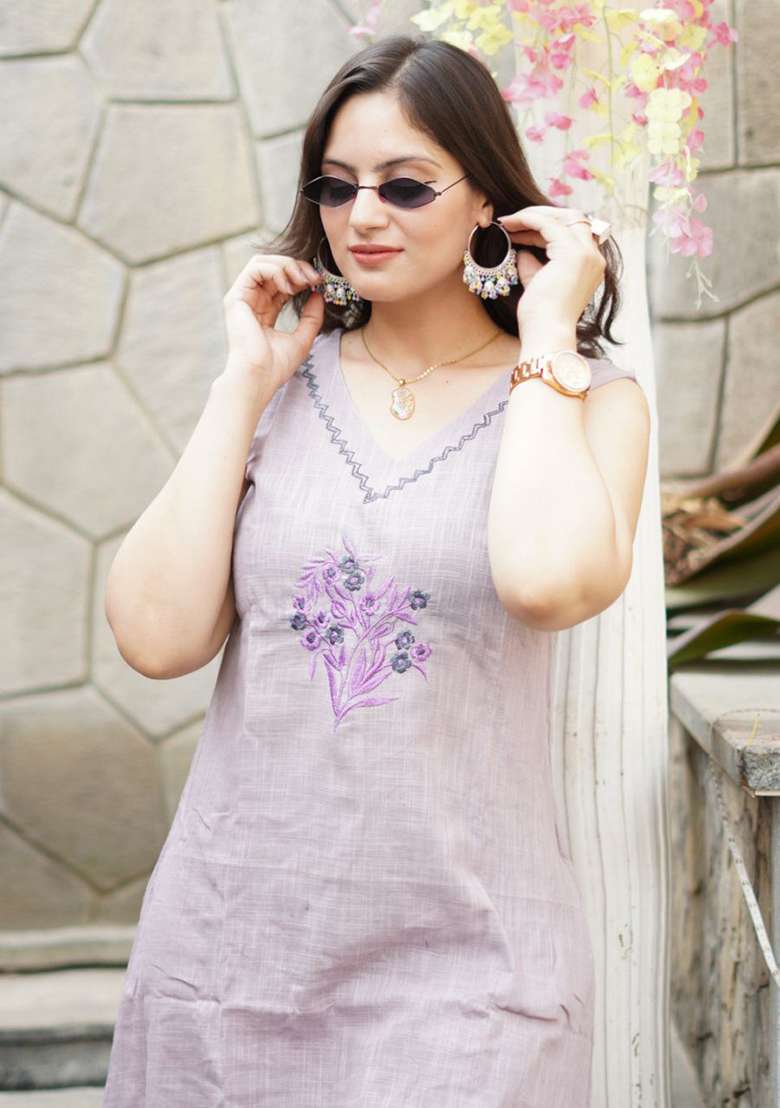 Grey Embroidered Cotton Kurta - Indya