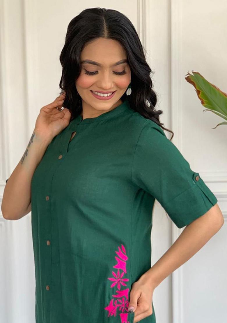 Green Printed Cotton Kurta Set - Indya