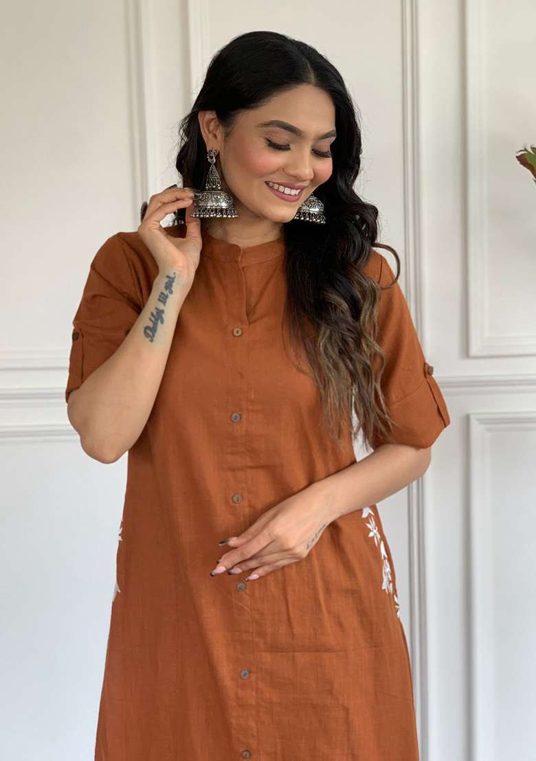 Brown Solid Cotton Kurta - Indya
