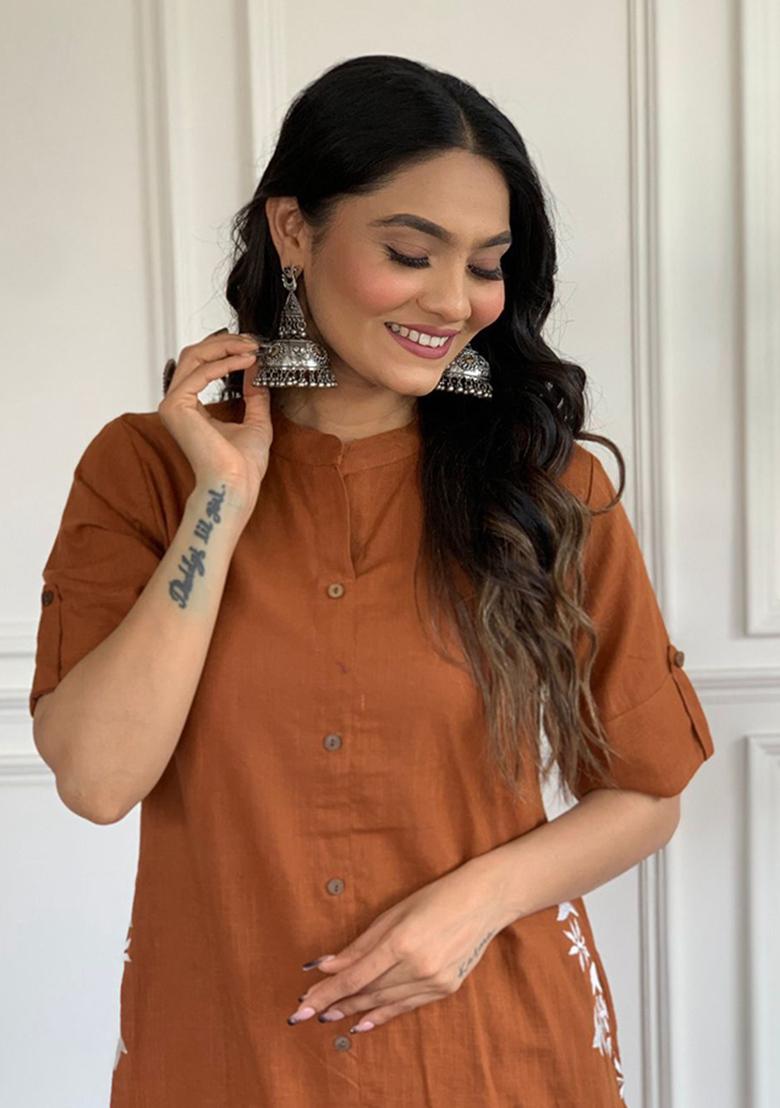 Brown Printed Cotton Kurta Set - Indya