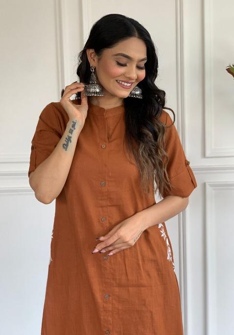 Brown Printed Cotton Kurta Set