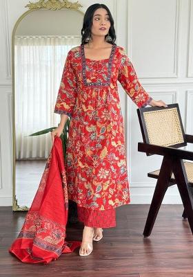Red Printed Cotton Kurta Set