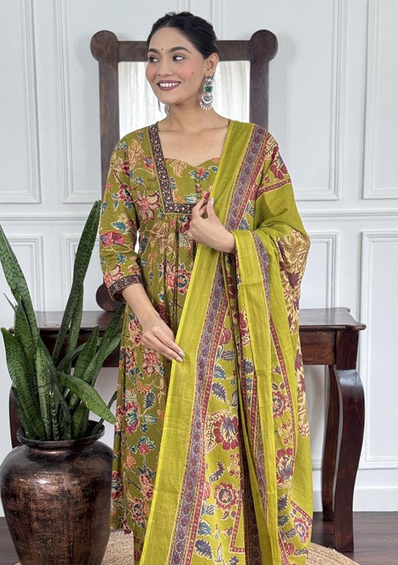 Green Printed Cotton Kurta Set - Indya