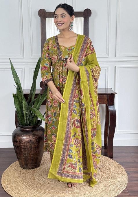 Green Printed Cotton Kurta Set
