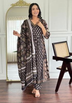 Black Printed Cotton Kurta Set