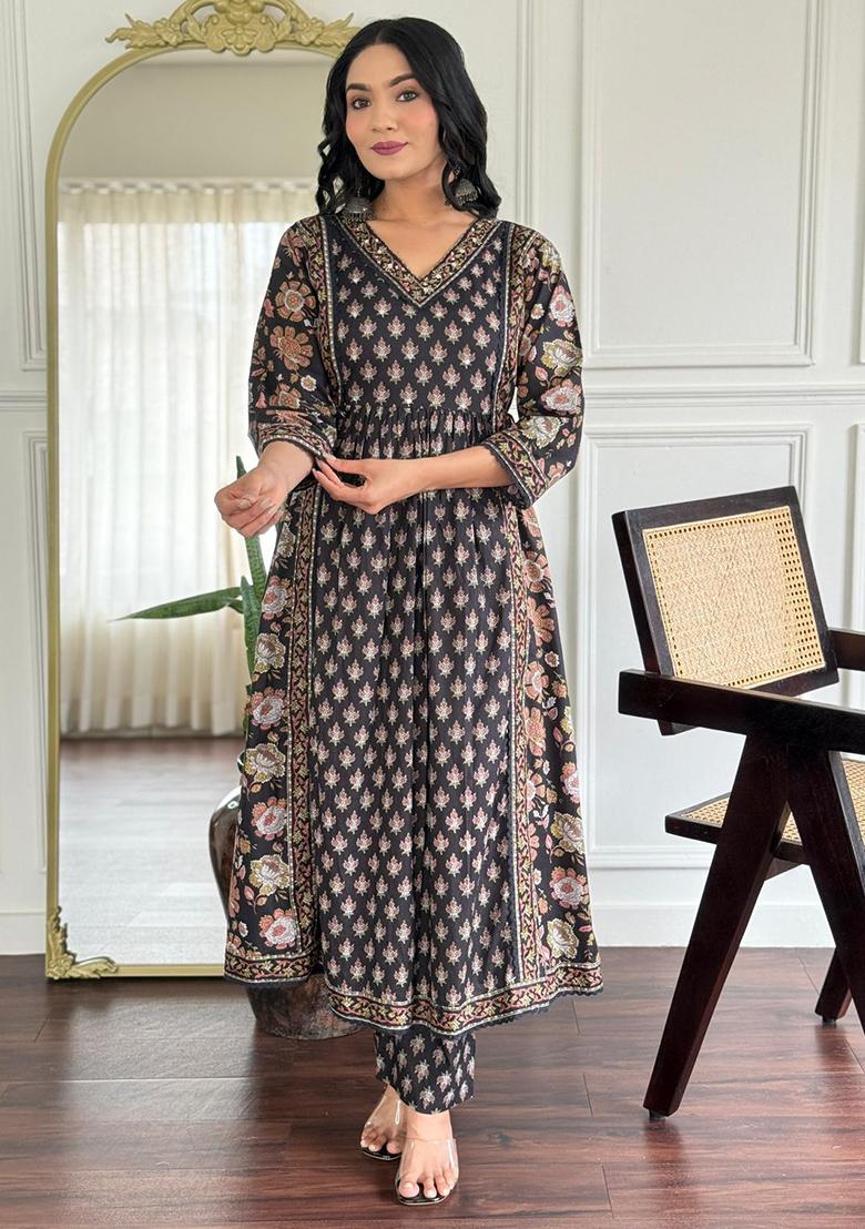 Black Printed Cotton Kurta Set - Indya