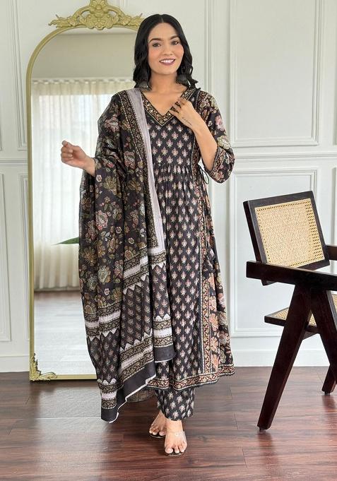 Black Printed Cotton Kurta Set