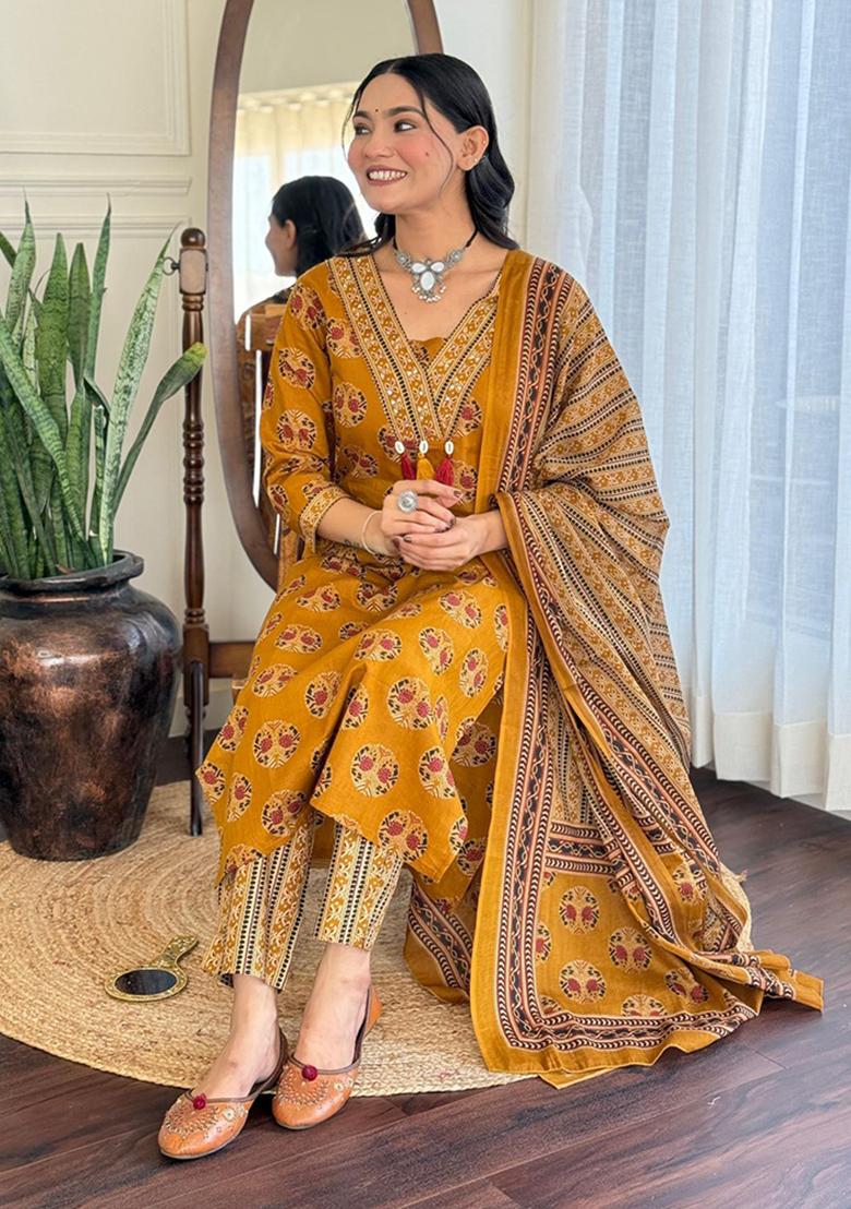 Yellow Printed Cotton Kurta Set - Indya