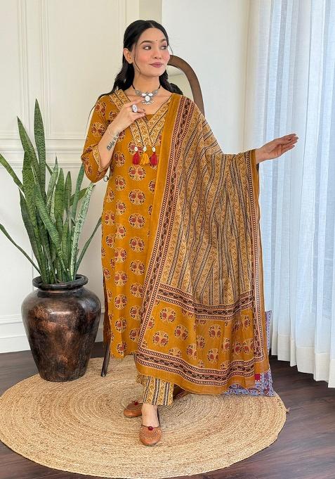Yellow Printed Cotton Kurta Set