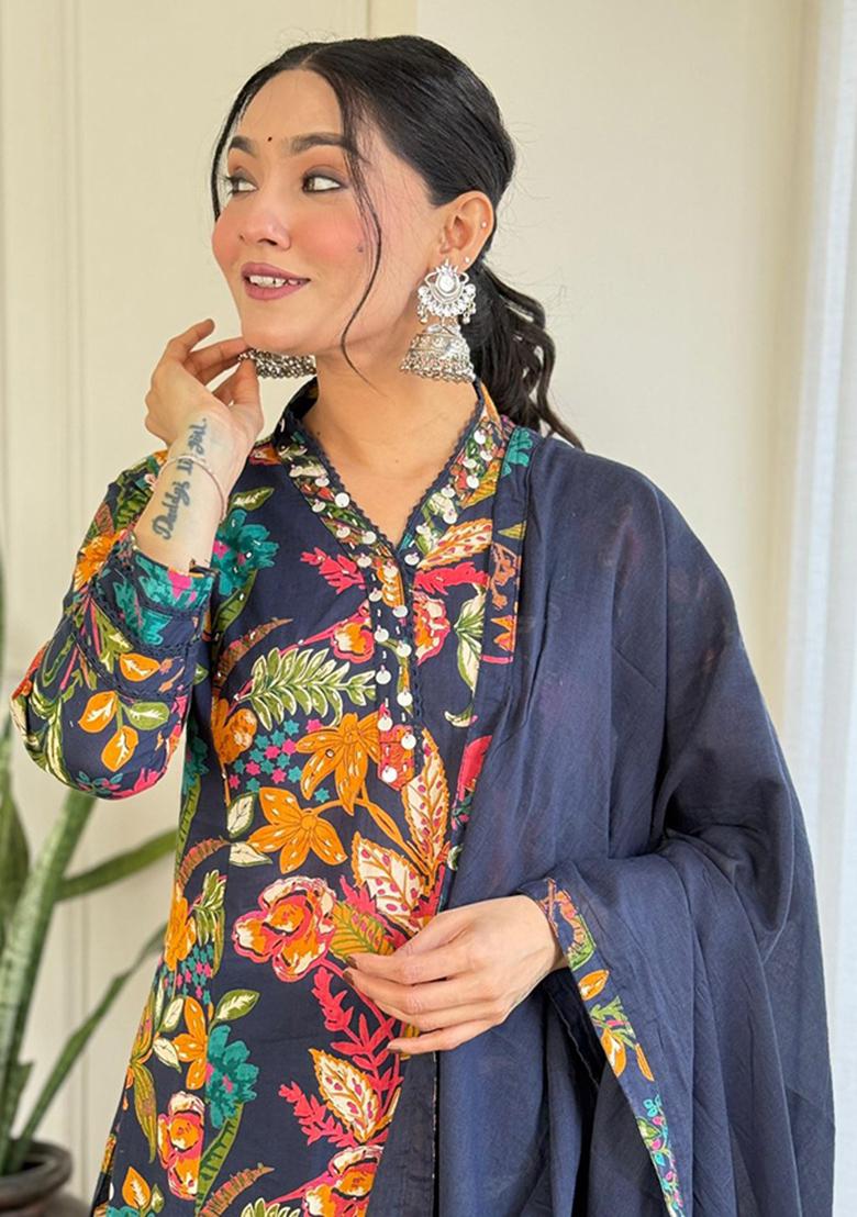 Blue Printed Cotton Kurta Set - Indya