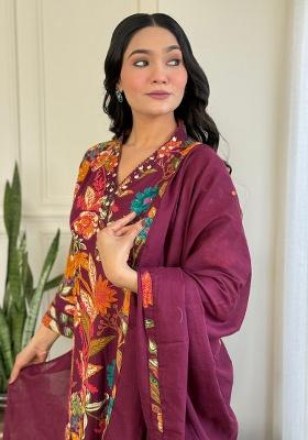 Maroon Printed Cotton Kurta Set