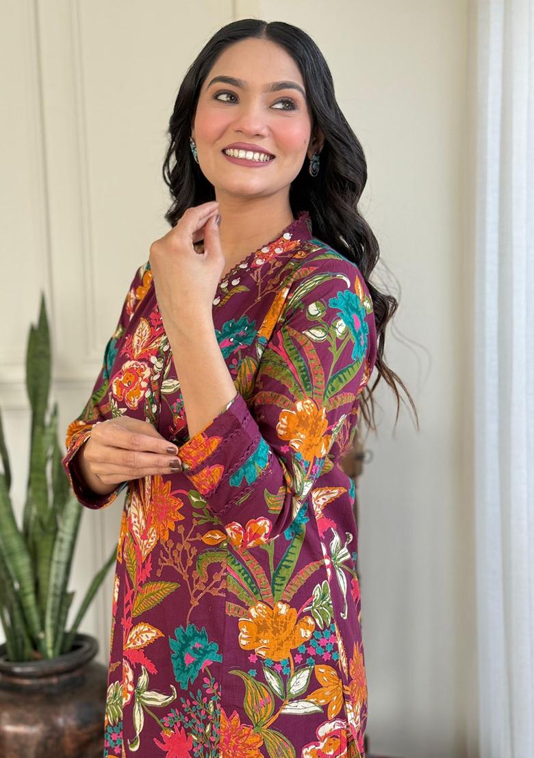 Maroon Printed Cotton Kurta Set - Indya