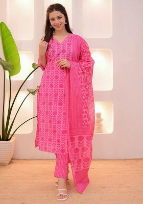 Pink Printed Cotton Kurta Set