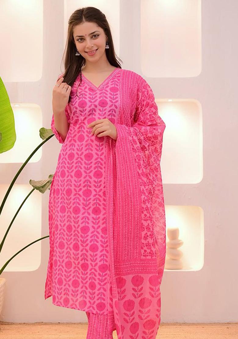 Pink Printed Cotton Kurta Set - Indya