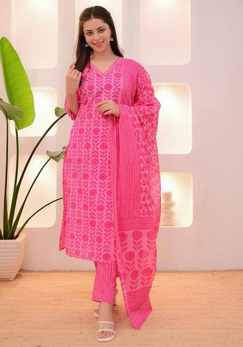 Pink Printed Cotton Kurta Set