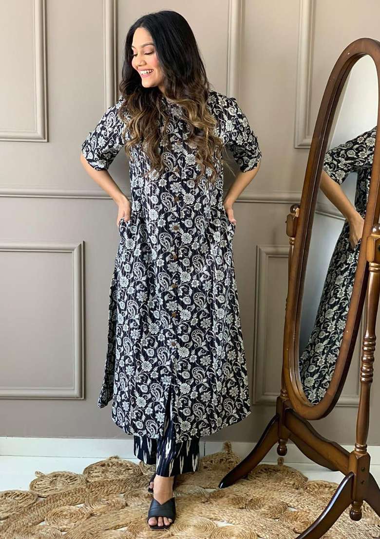 Black Printed Cotton A Line Kurta Set - Indya