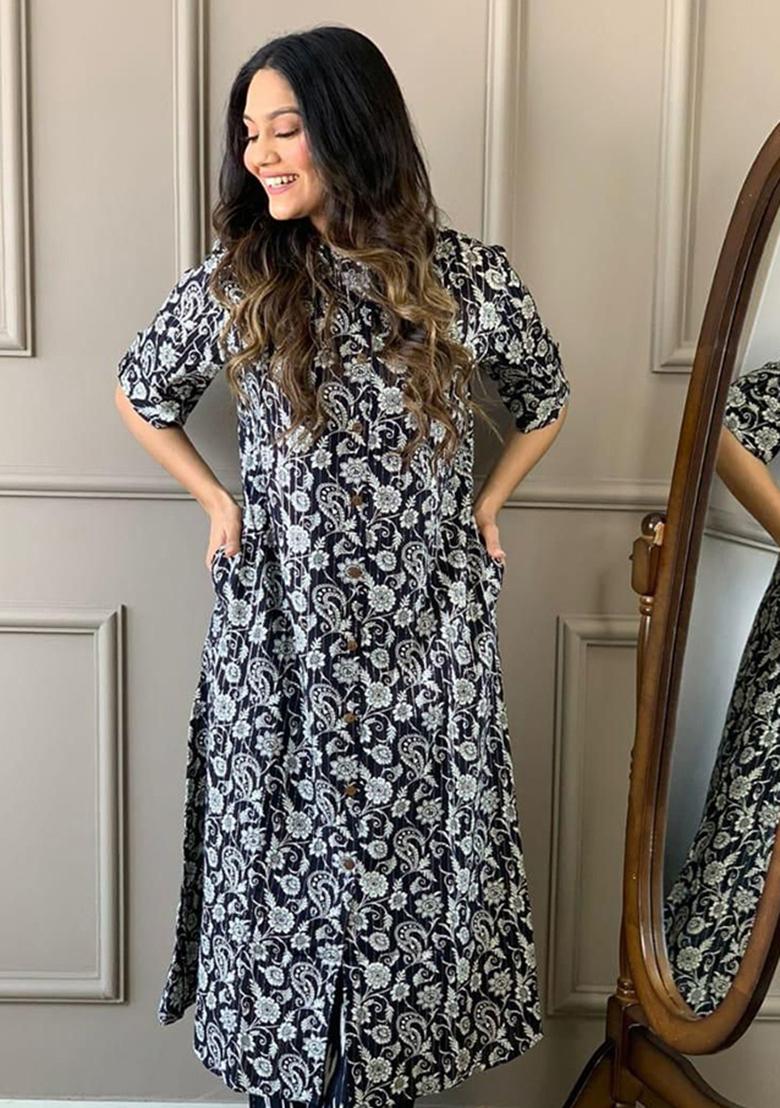 Black Printed Cotton Kurta Set - Indya