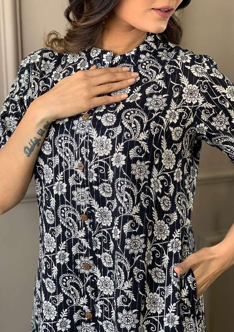 Black Printed Cotton A Line Kurta Set - Indya