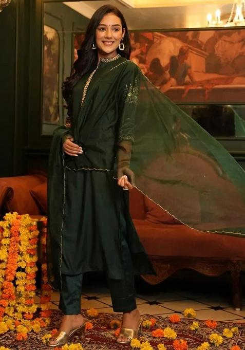 Green Printed Cotton Kurta Set