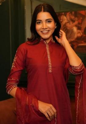 Red Printed Cotton Kurta Set