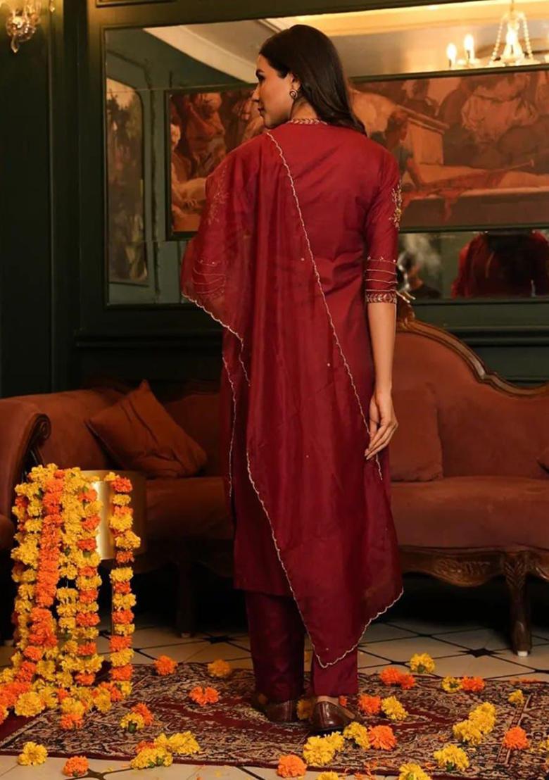 Red Printed Cotton Kurta Set - Indya