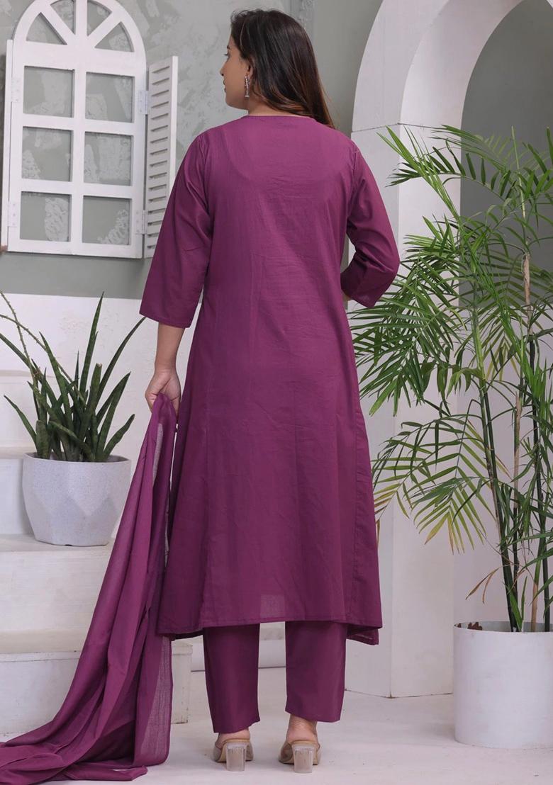 Purple Printed Cotton Kurta Set - Indya