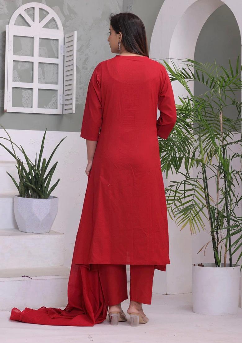 Red Printed Cotton Kurta Set - Indya