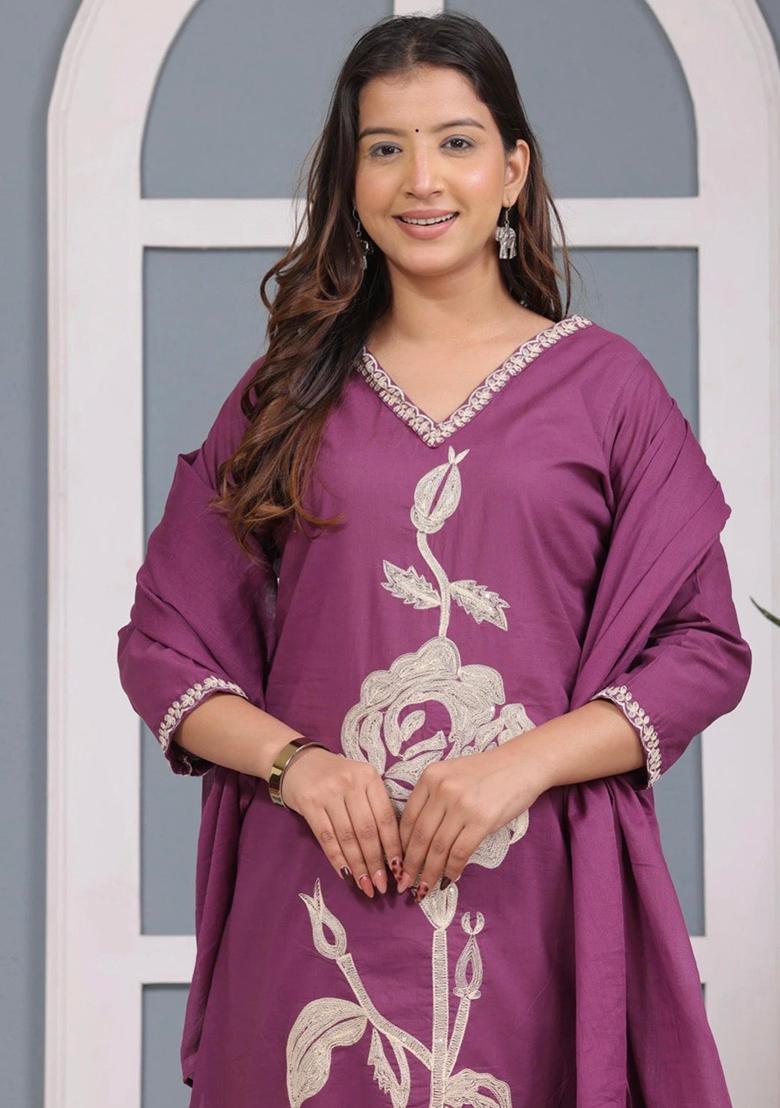 Purple Printed Cotton Kurta Set - Indya