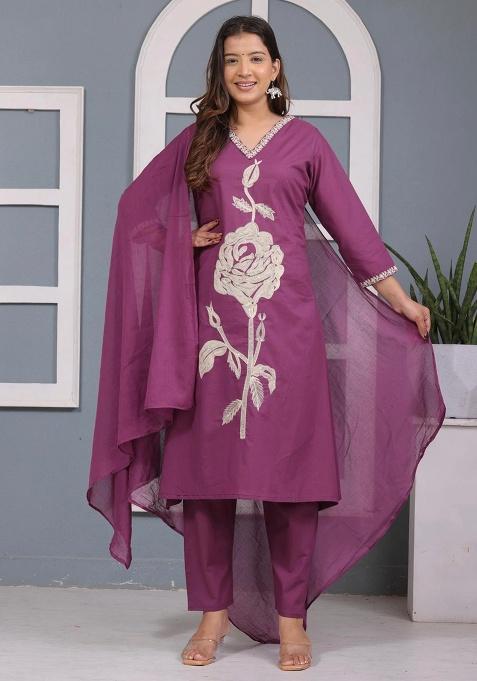 Purple Printed Cotton Kurta Set