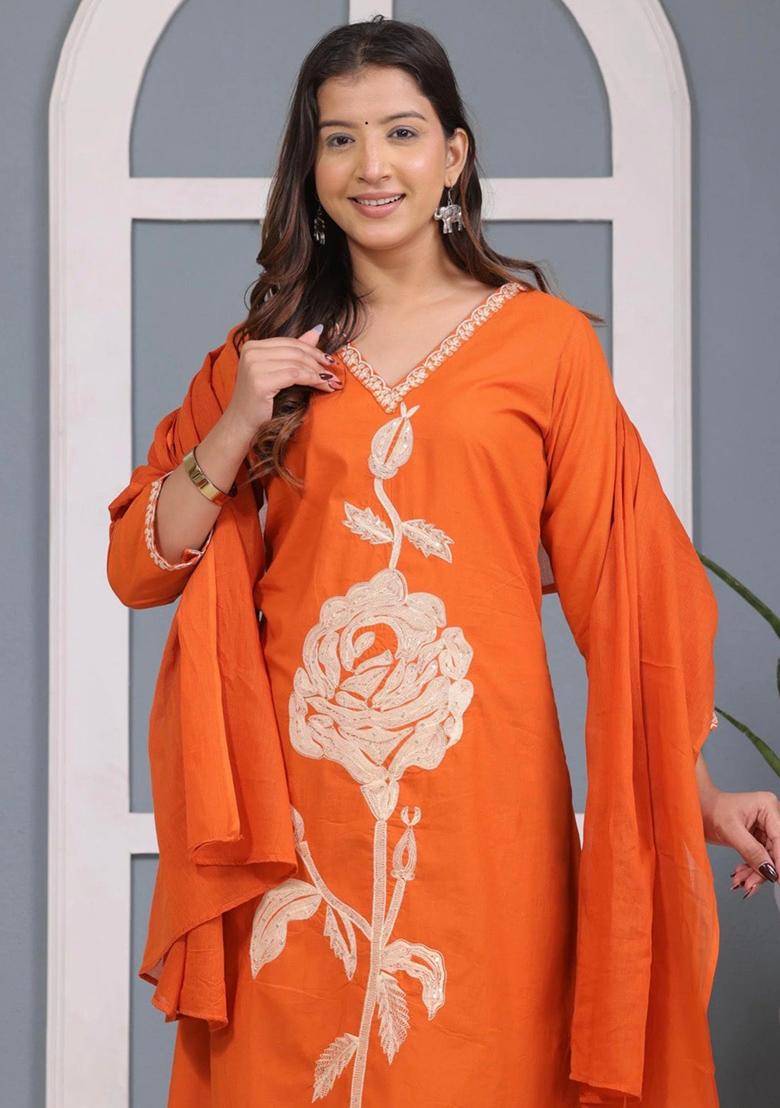 Orange Printed Cotton Kurta Set - Indya