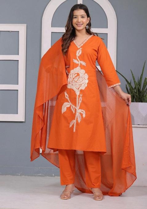 Orange Printed Cotton Kurta Set