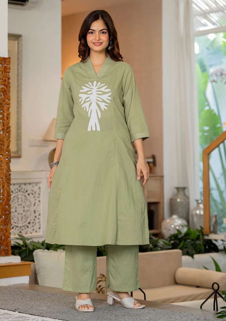 Sea Green Printed Cotton Straight Kurta Set - Indya