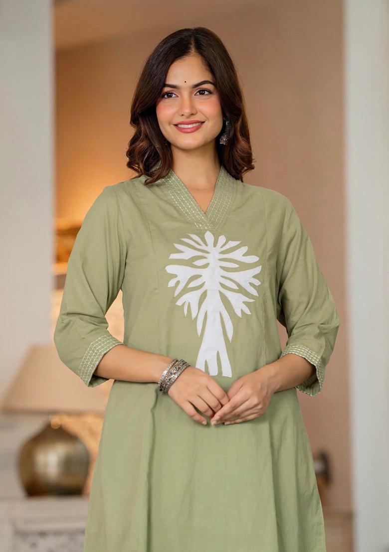 Sea Green Printed Cotton Kurta Set - Indya