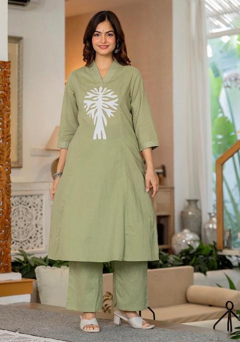 Sea Green Printed Cotton Kurta Set