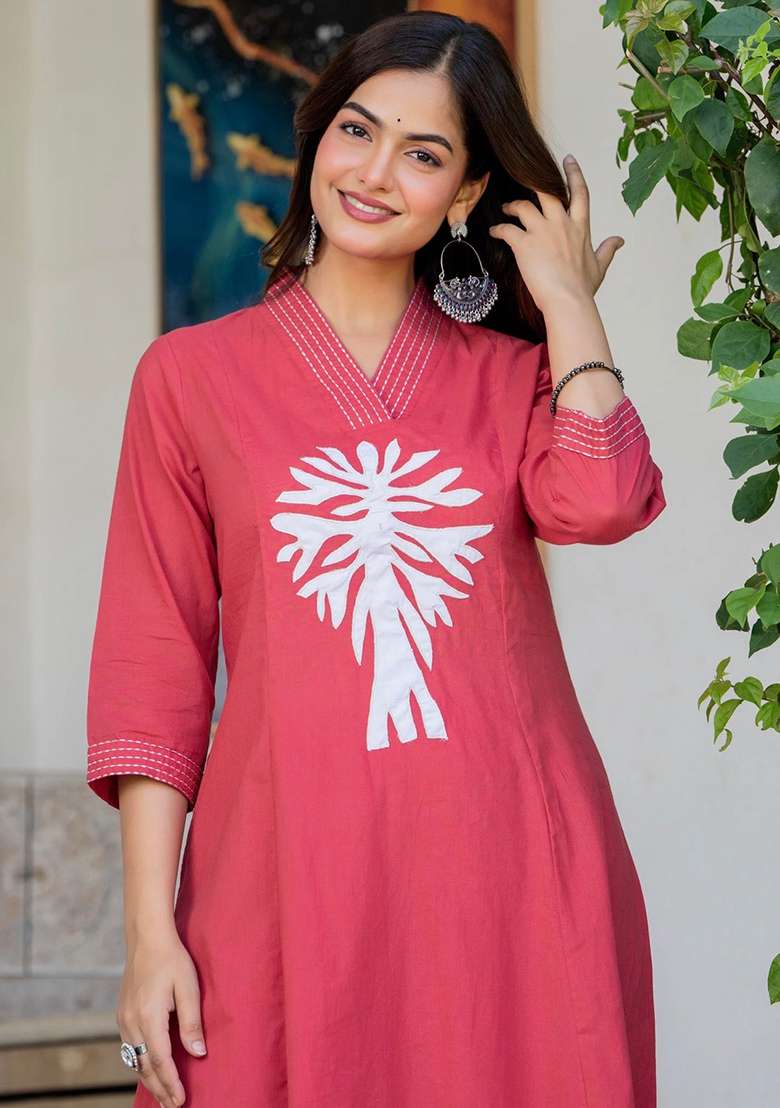 Pink Embroidered Cotton Straight Kurta Set - Indya