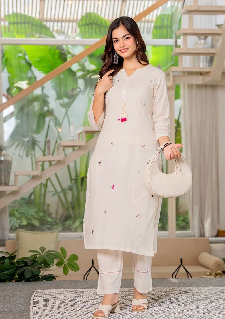 White Embroidered Cotton Straight Kurta Set - Indya