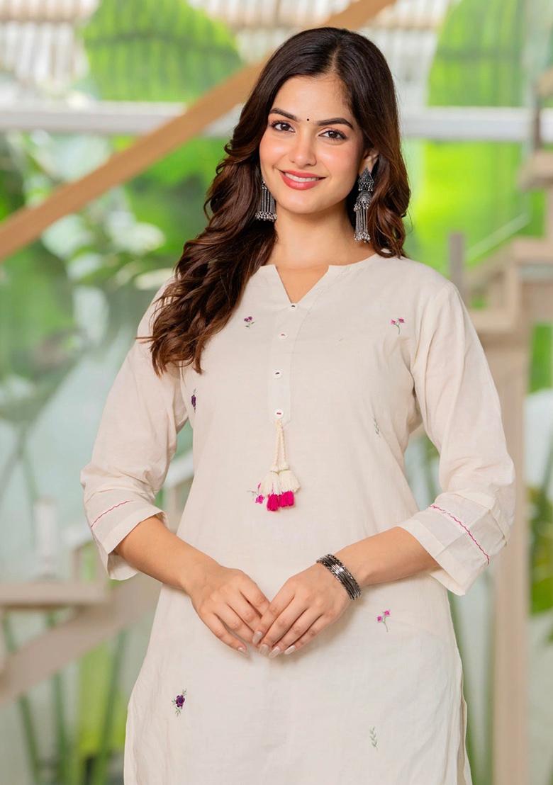 White Printed Cotton Kurta Set - Indya