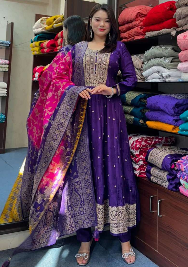 Blue Embroidered Cotton Anarkali Set - Indya