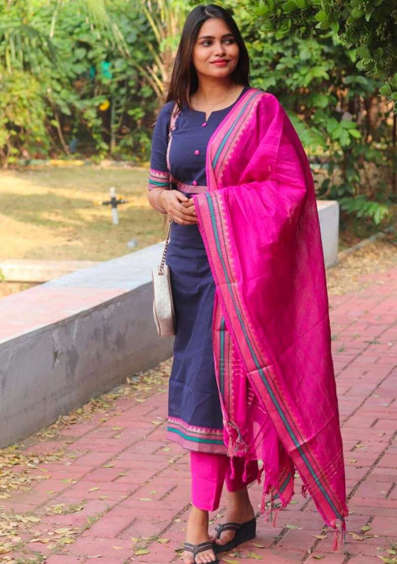 Blue Solid Cotton Straight Kurta Set - Indya