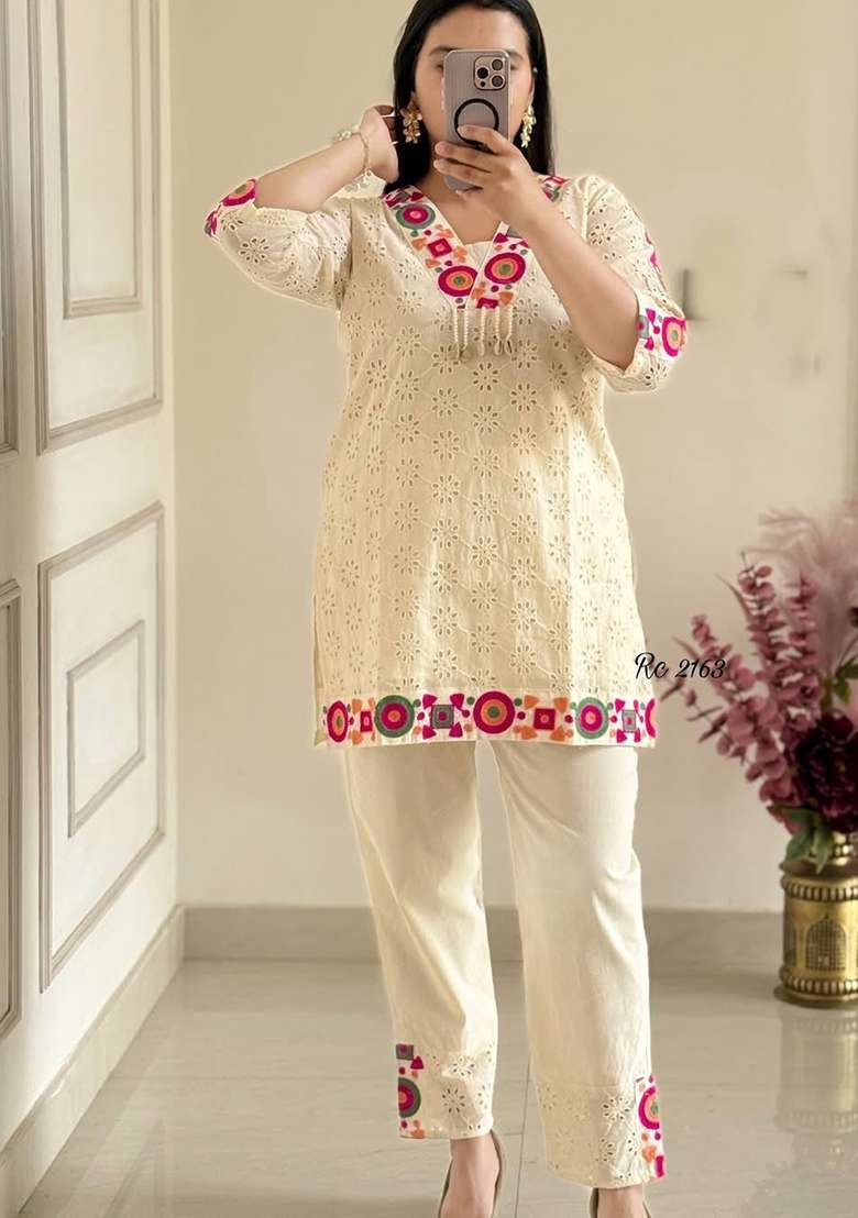 White Chikankari Cotton Co Ord Set - Indya