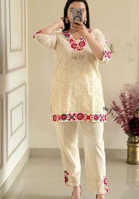 White Printed Cotton Kurta Set