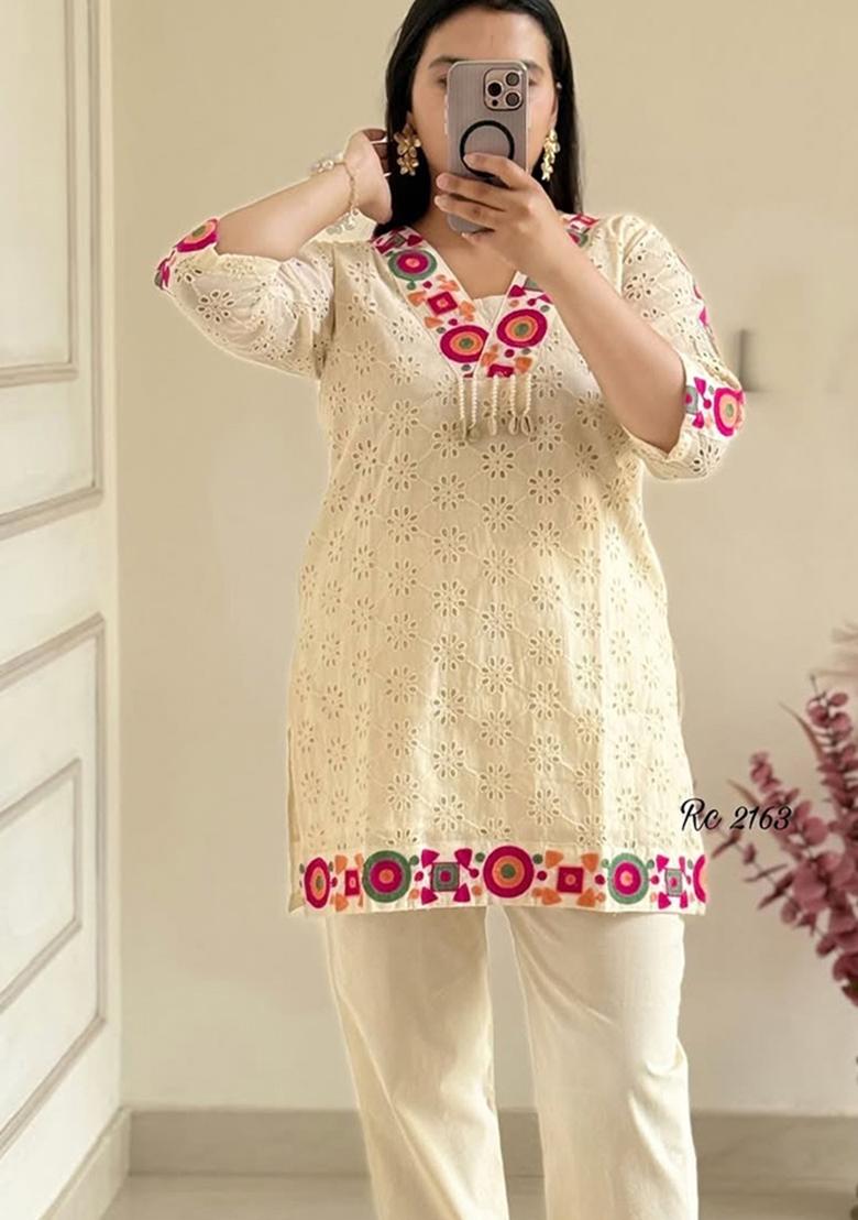 White Printed Cotton Kurta Set - Indya