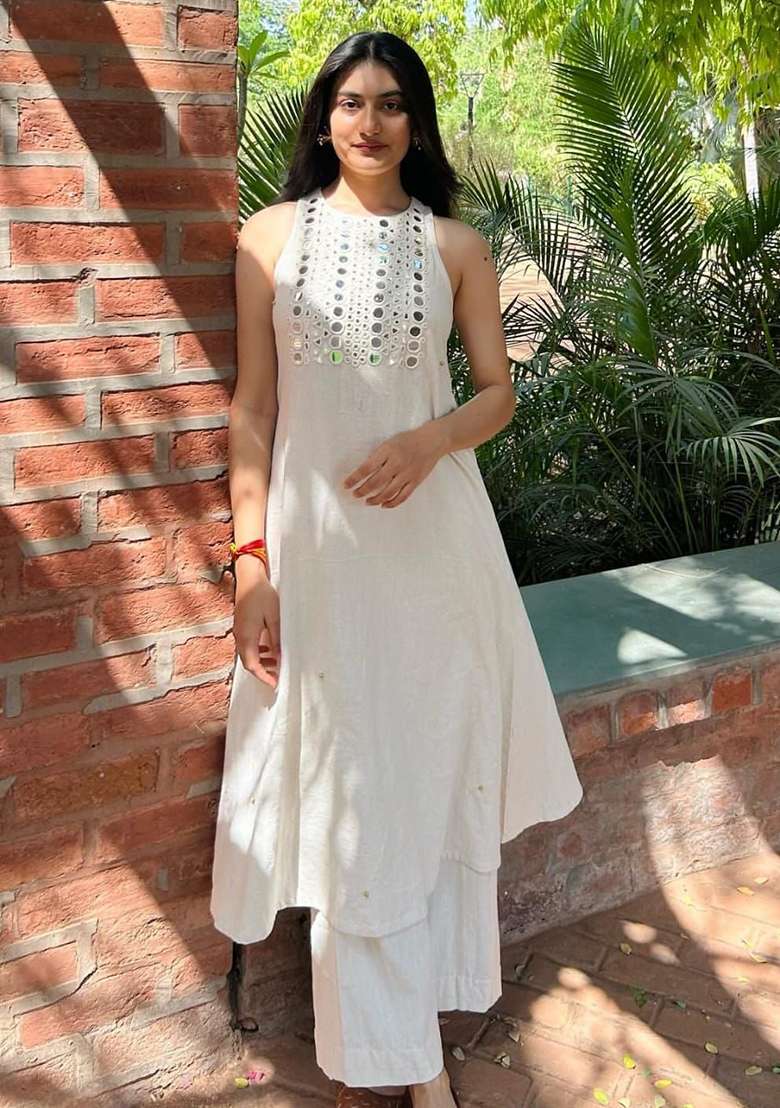 Off White Mirror Work Cotton A Line Kurta Set - Indya