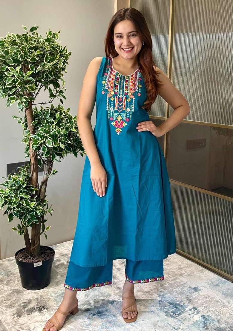 Brown Embroidered Cotton A Line Kurta Set - Indya