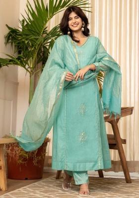 Green Printed Cotton Kurta Set