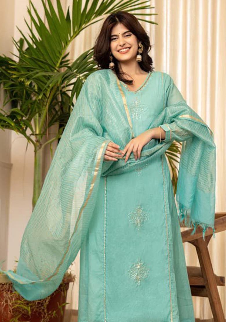 Green Printed Cotton Kurta Set - Indya