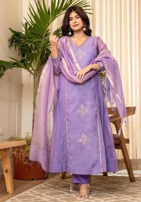 Purple Printed Cotton Kurta Set