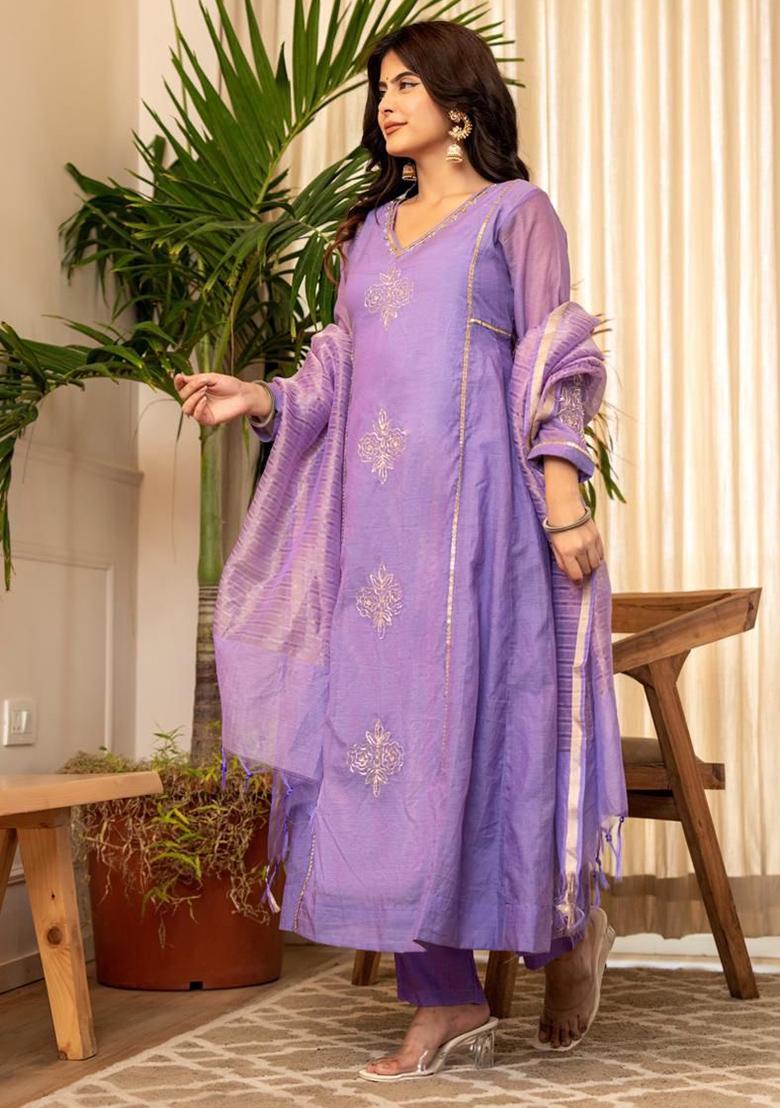 Purple Printed Cotton Kurta Set - Indya