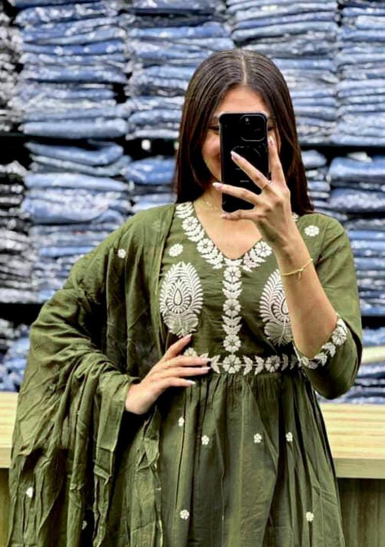 Green Printed Cotton Kurta Set - Indya